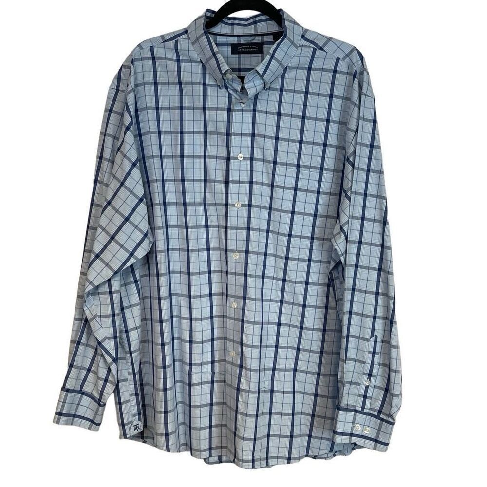 Roundtree & Yorke Men’s Button-Up Shirt‎ 2XL Blue White Plaid Long Sleeve XXL